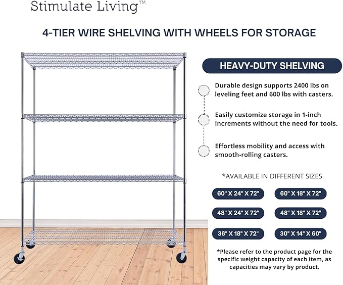 60"x24"x72" PRIME HEAVY DUTY Chrome 4-Tier Wire Shelving NSF 2400 LBS MAX Capacity Storage Rack for Commercial, School, Home, Garage, Warehouse, Industrial, and Hospital Uses (with Wheels)
