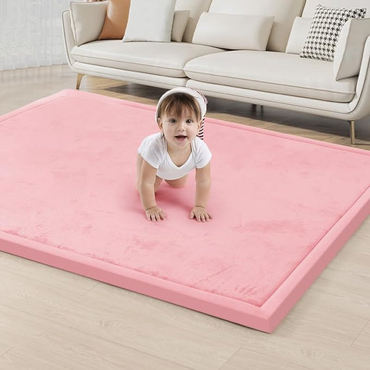 ACOMOPACK Baby Play Mat for Floor 1.3" Thick Memory Foam Play Mat 39"×59" Tummy Time Crawling with Non-Slip Bottom for Living Room,Nursery,Soft Velvet Playpen Mats for Kids,Infants（Pink）