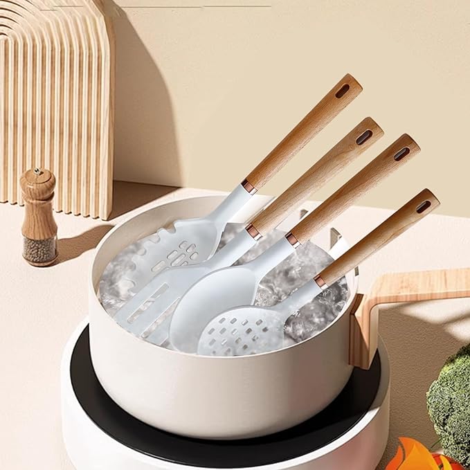 13-Piece silicone utensil set wood handle nonstick cookware safe dishwasher safe kitchen tools BPA free heat resistant (450°F/230°C) ceramic pan safe cooking gifts housewarming (White)