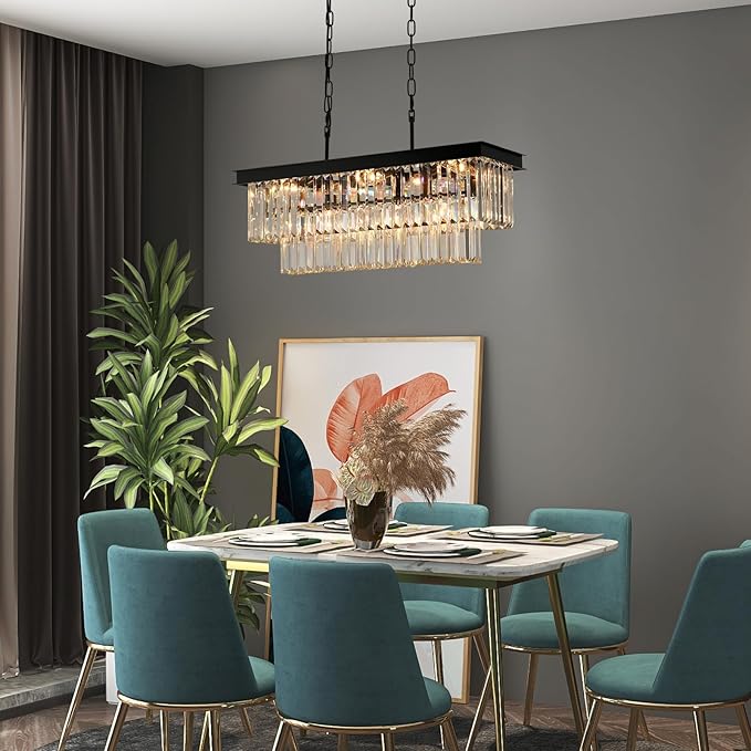 Black Crystal Chandeliers for Dining Room Light Fixtures Over Table，9-Lights Modern Rectangle Chandeliers for Kitchen Island Bar L28 Inch