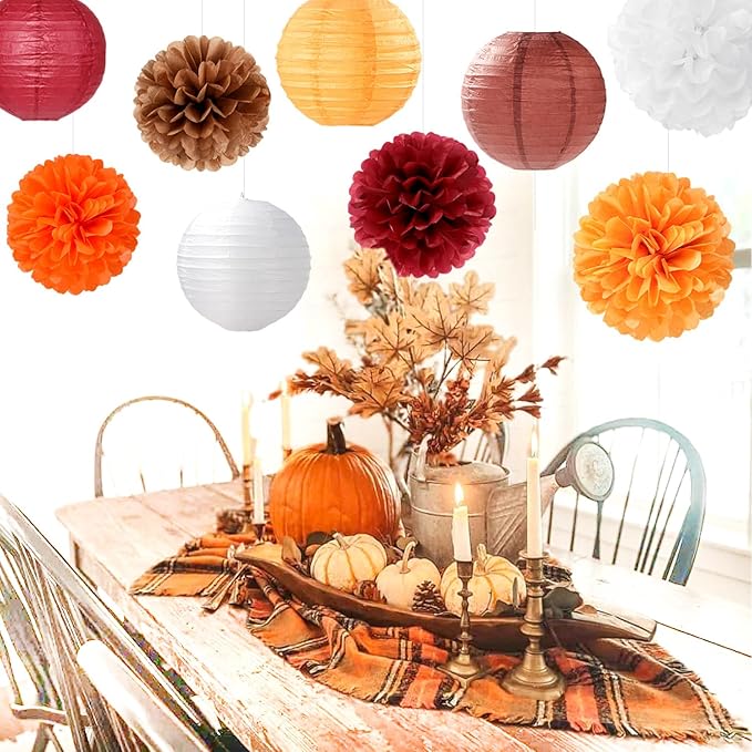 Brown Burgundy-Orange Party-Decorations Paper-Flowers Lanterns - 15PCS Fall Boho Tissue Pom Poms Streamers,Baby Bridal Shower Rustic Wedding Neutral Birthday Coffee Halloween ThanksgivingDecor Hugfond