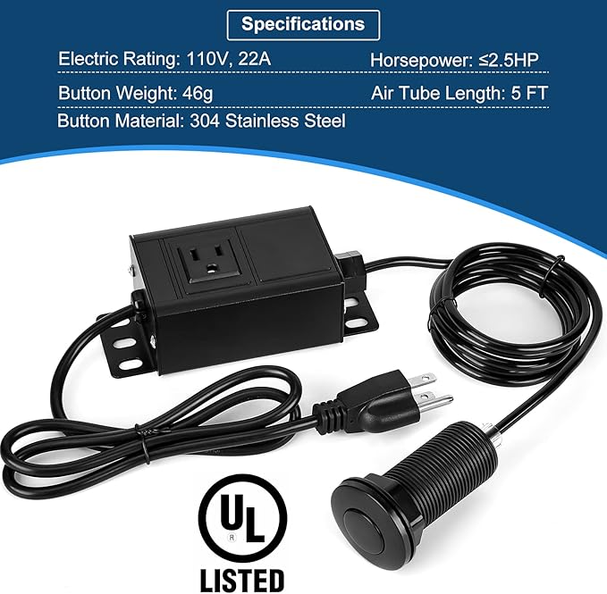 Air Switch Kit for Garbage Disposal, UL Listed Sink Top Air Switch for Food Waste Disposal, 3.58” Extra Long Air Button (Black Stainless Steel)