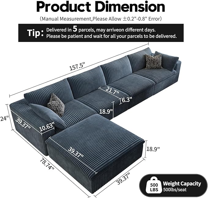 157.5" Cloud Couch Modular Sectional Sofa for Living Room,Modern Sofa with Deep Seat，L-Shape Boneless Couch with Ottoman,Comfy Upholstered Corduroy Couches for Apartment, Studio, Office,Bedroom，Blue