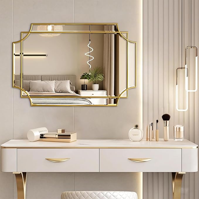 30x20 Inch Gold Bathroom Mirror, Wooden Frame with Scalloped Polished Beveled Glass, Modern Art Wall Decor for Vanity, Irregular Rectangle Mirror for Bedroom, Living Room, Fireplace & Entryway