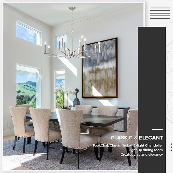 12 Light Nickel Living Room Chandelier High Ceiling Foyer Candle Chandelier Large Modern 44in Metal Chandeliers Hanging Light for Master Bedroom Dining Room Light Fixture Over Table