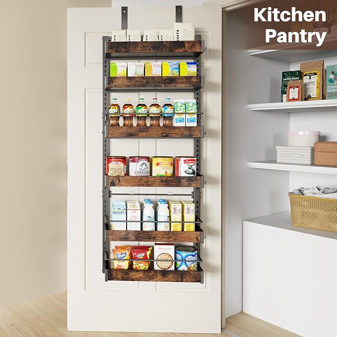 6 Tier Over The Door Pantry Organizer, 2 IN 1 Wall Mount or Metal Hanging Spice Rack for Pantry Organizers and Storage, Seasoning Shelves，Adjustable Basket with Hooks for Kitchen, Bathroom,Laundry