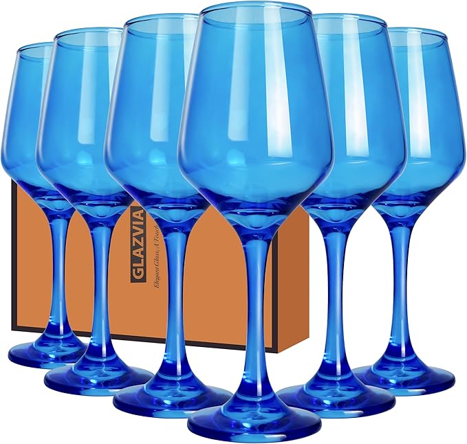 Blue Wine Glasses Set of 6-14oz Blue Long Stem Wine Glass, Pretty Crystal Glassware, Hand Blown Goblets Drinkware, Unique Stemware Wine Glass Holiday Gift Set