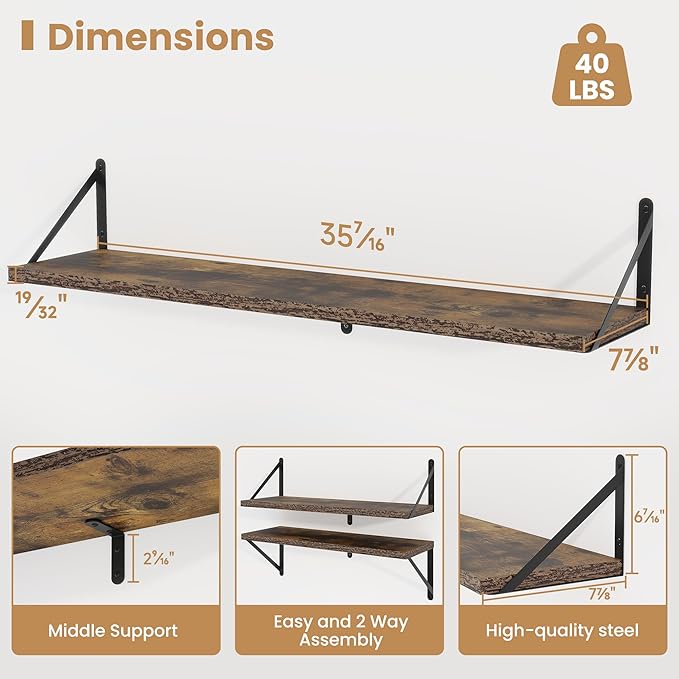 Heimlove 36 Inch Floating Bookshelves Set of 3,Heavy Duty Wall Mounted Bookshelves,Rustic Brown Wall Bookshelf for Living Room,Bedroom,Kitchen,Laundry Room Storage & Decor