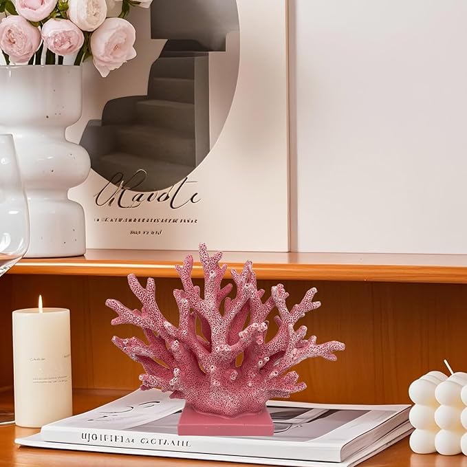 5.8" H Pink Coral Decor - Resin Coral Statue, Nautical Decor for Home, Bedroom, Bathroom, Living Room, Ocean Themed Cabinet Shelf Tabletop Decoration