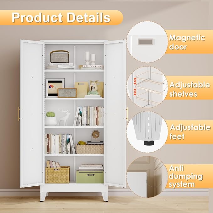 71" H Metal Kitchen Pantry Storage Cabinet, Freestanding Cupboard with 2 Doors and 4 Adjustable Shelves, Standing Storage for Kitchen, Bathroom, Garage, Dinning Room or Utility Room（White）