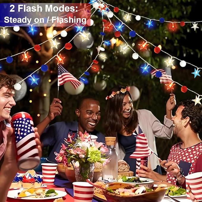 4th of July Decorations 9.85FT Red White and Blue Star String Lights Pom Pom Star Lights Battery Operated with Timer Fairy Lights for Independence Day Memorial Patriotic Fourth of July Decor for Home