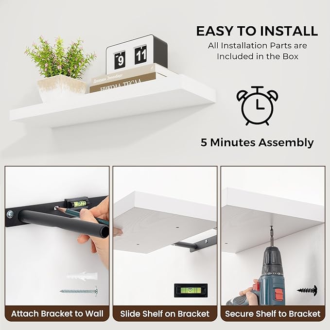 48 inch Floating Shelves for Wall Large Wall Mounted Shelves with Invisible Brackets, White Long Shelves for Bathroom, Living Room, Kitchen, Office, 48x9.1 inch deep Set of 2