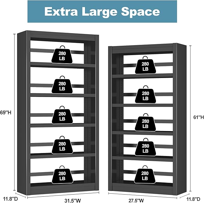 Bookcase, 5-Shelf Industrial Bookshelf, Large Storage Space, Adjustable Bookshelves, Perfect for Living Room, Home Office, Garage, Ideal for Home Office Upgrade