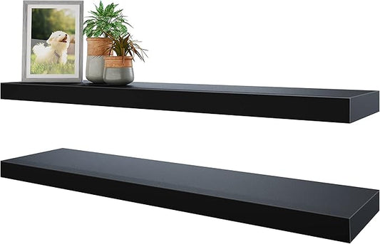 BAMEOS Floating Shelves, 35 Wx7 D Black Wall Mounted Wooden Shelves with Invisible Brackets Set of 2, Hanging Wall Shelves Decoration for Bedroom and Kitchen