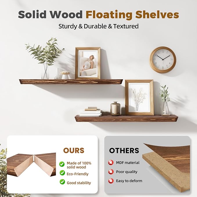 36"x6.8"x1.6" Slanted Floating Wall Shelves 2-Pack - Rustic Brown Finish, Heavy-Duty Solid Wood Design with Hidden Brackets - Perfect for Living Room, Kitchen, Bathroom, or Office