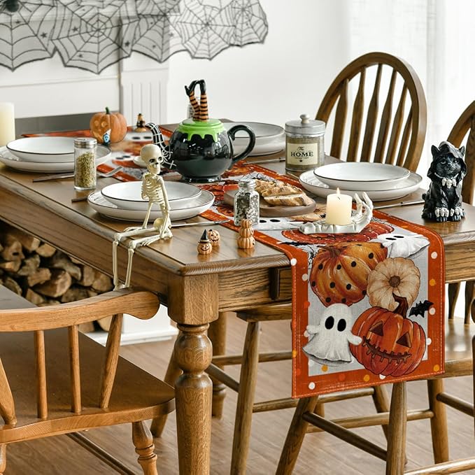Artoid Mode Orange Jack-O'-Lantern Pumpkin Ghost Halloween Table Runner, Holiday Kitchen Dining Table Decoration for Home Party Decor 13 x 72 Inch
