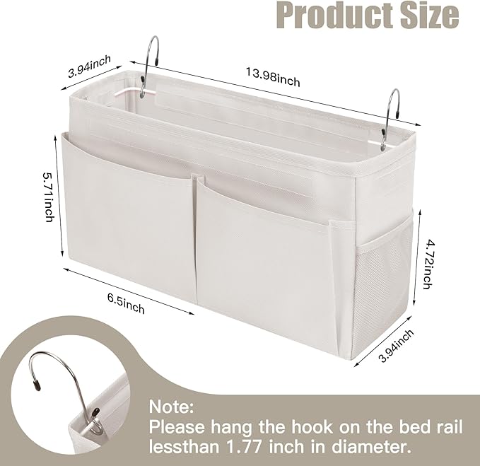 Bedside Caddy Organizer with Fixed Straps, Bunk Bed Caddy ideal for Home, Bunk Bed, Dorm, Hospital, Crib, Versatile Bedside Storage Solution (Beige)