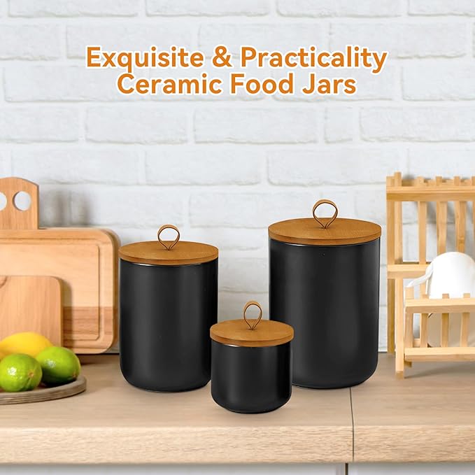 Canister Sets for Kitchen,Ceramic Kitchen Canisters for Countertop with Airtight Wood Lids for Serving Ground Coffee, Tea, Spice, Grains, Sugar, Salt (Black Pack of 3 (8.7/27/44 Oz))