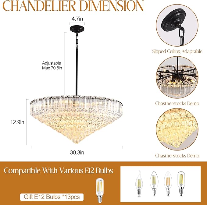 30" Modern Dining Room Chandeliers, 13-Light Clear Crystal Chandeliers, Dimmable Blown Glass Chandelier for Living Room, Round Large Chandelier for High Ceiling, Bedroom, Entryway, Staircase