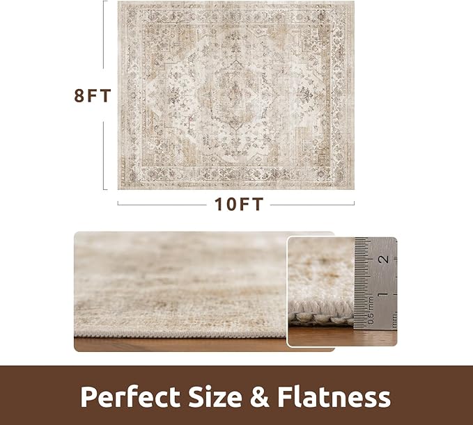 AMOAMI-Area Rug 8FT X 10FT Rugs for Living Room-Vintage Soft Beige Rugs for Bedroom-Non Slip Carpet-Washable Rug for Dining Room Living Room Bedroom Office Under Table
