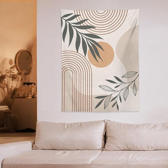 Abstract Boho Tapestry, Mid Century Tropical Tree Leaves Modern Geometric Arch Bohemian Botanical Tapestry, Home Aesthetic Wall Hanging Art Decor for Living Room Bedroom Dormitory 60x80 Inch