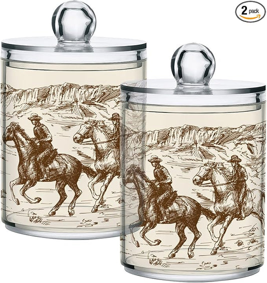 2 Pack Qtip Holder Organizer Dispenser Western Desert Cowboy Bathroom Storage Canister Cotton Ball Holder Container for Cotton Swabs/Pads/Floss