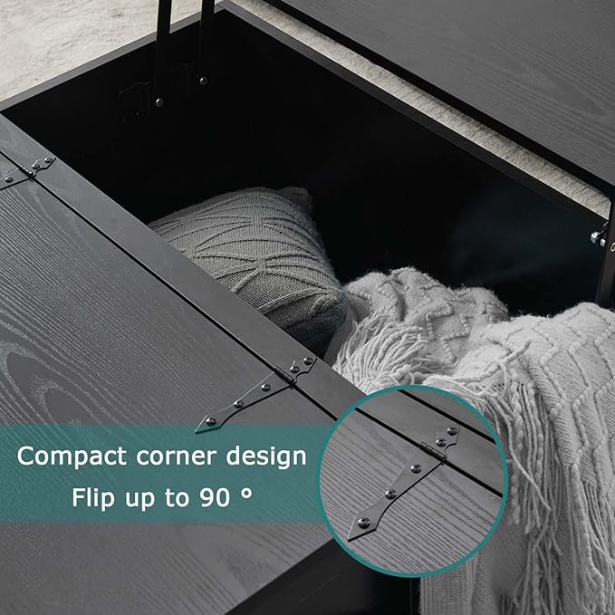 Black Coffee Table with Storage, Cocktail Table with Hinged Lift Top, Farmhouse Square Wood Center Table with Large Hidden Storage Compartment for Living Room, Square Coffee Table, Metal Edges Decor
