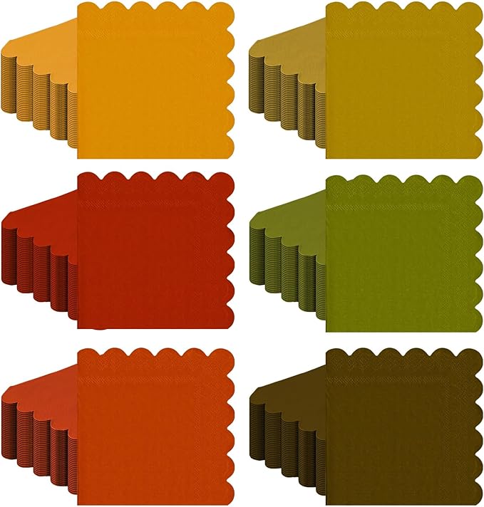 150 Pcs 5 x 5 Inches Fall Thanksgiving Paper Napkins Scalloped Cocktail Napkins Disposable Autumn Harvest Party Supplies Dessert Beverage Bathroom Table Dinner Wedding Decor