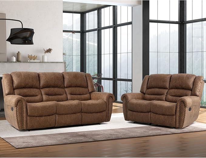 CANMOV Faux Leather Manual Recliner Sofa Set,Manual Reclining Sofa and Recliner Loveseat with Overstuffed Armrest for Living Room,Bedroom Furniture,Office,Nut Brown