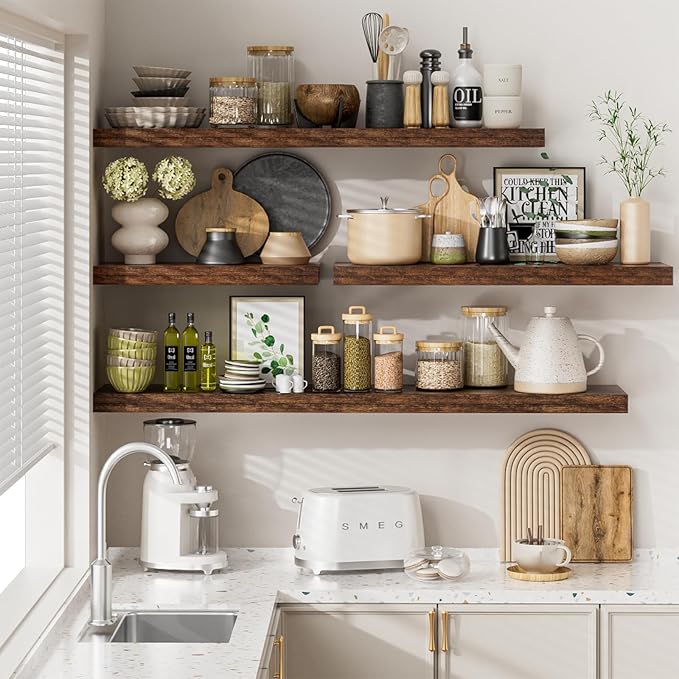 Heimlove 12 Inch Deep Floating Shelves, 55 x 12 inch Extra Long Floating Shelves for Wall, Large Display Shelf & Storage Shelf for Living Room Bedroom Kitchen Home Office, Set of 2, Rustic Brown