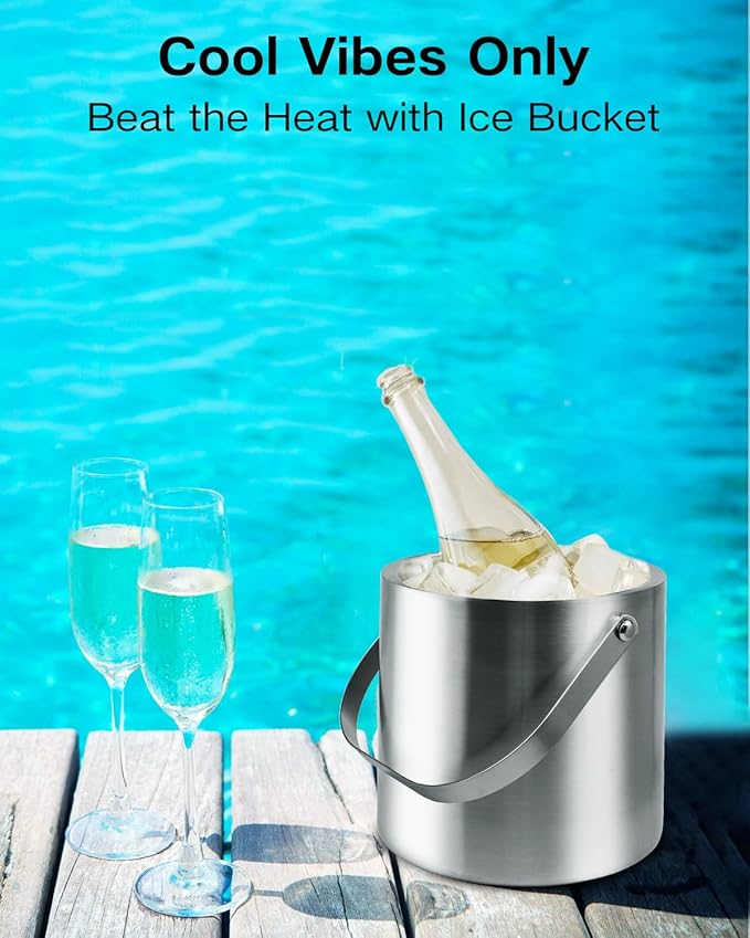 3L Double Wall Ice Bucket with Silicone Lid, Tongs & Scoop Insulated Ice Buckets for Parties & Cocktail Bar,[Silicone Lid for Longer Ice] Large Wine Bar Bucket Stainless Champagne Chiller