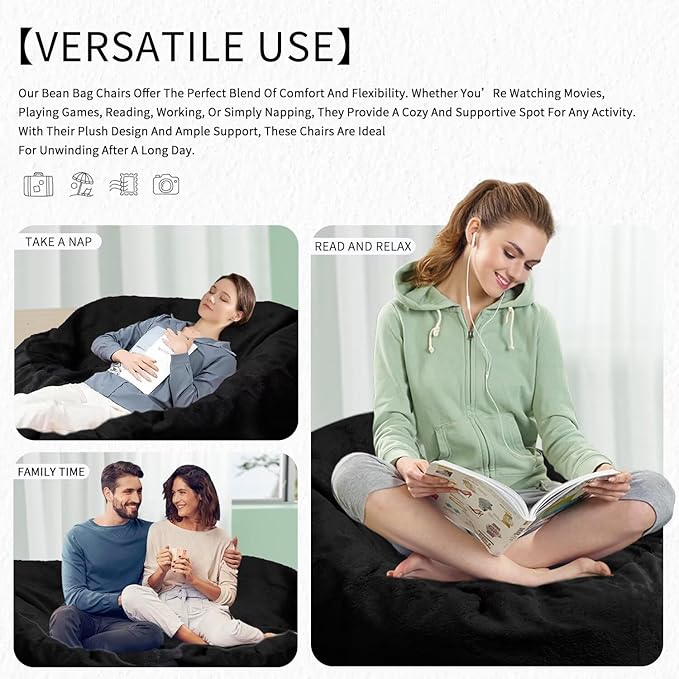 Bean Bag Chair for Adults 5FT,Soft Removable Cover for Teens/Girls Bedroom,Fluffy Giant Round Floor Beanbag Lounger Chairs (No Filler,Black)