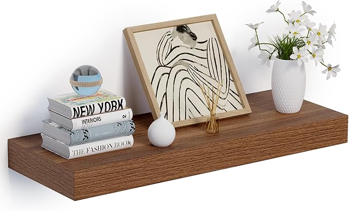 Heimlove 24 x 12 Inch Deep Floating Shelves Wall Mounted with Invisible Brackets,Storage Hanging Shelf for Wall Decor in Bathroom, Bedroom, Toilet, Kitchen, Living Room, Office Set of 1 (Walnut)