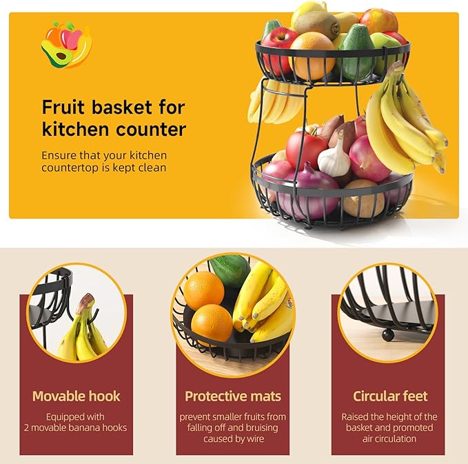 2 Tier Fruit Basket for Kitchen Counter with 2 Banana Hangers, Metal Stackable Fruit Bowl for Kitchen Counter for Bread Vegetable Fruits, Black