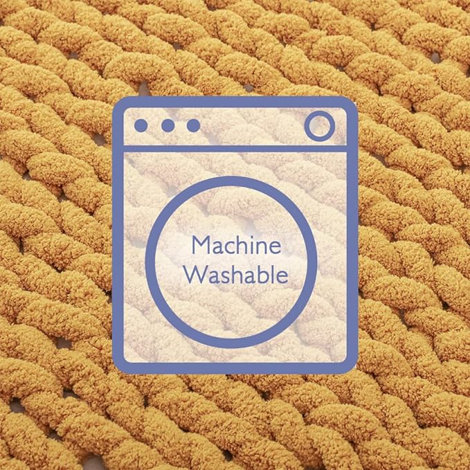 Bigacogo Chunky Knit Throw Blanket for Couch, 40x80 inches, 100% Hand Knitted with Thick Jumbo Chenille Yarn, Cozy Soft Large Rope Knot Cable Crochet Blankets for Sofa Bed Living Room, Mustard Yellow