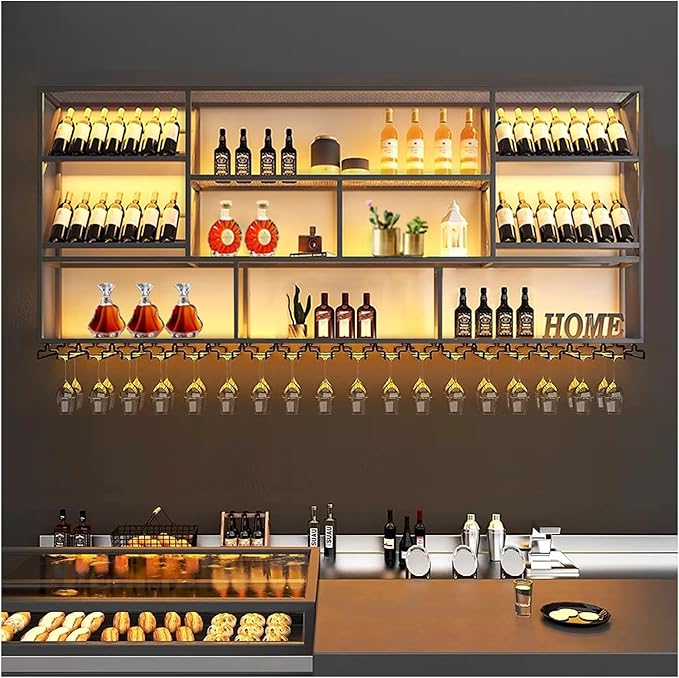 78.7Inch Wall Mounted Wine Rack, 3 Tiers Large Bar Shelves with 21 Glass Holder, Metal Wine Bottle Display Shelf, Modern Iron Liquor Shelf, for Kitchen Dining, Home Bar, Cellar (78.7" W)
