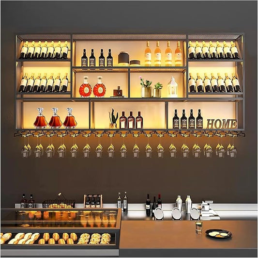 78.7Inch Wall Mounted Wine Rack, 3 Tiers Large Bar Shelves with 21 Glass Holder, Metal Wine Bottle Display Shelf, Modern Iron Liquor Shelf, for Kitchen Dining, Home Bar, Cellar (78.7" W)
