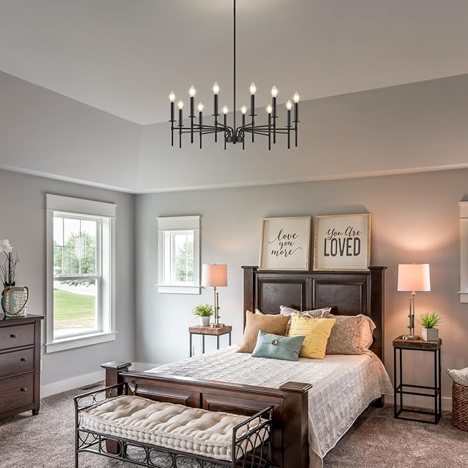 12 Light Black Chandelier Light Fixture, Modern Farmhouse Chandeliers for Dining Room Light Fixture, Metal Candle Pendant Chandelier for Foyer Entryway Stairs Living Room Bedroom Kitchen