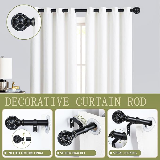 Black Adjustable Curtain Rods for Windows:36-88" Farmhouse Heavy Duty Curtain Rod for Bedroom Living Room,Boho Decorative Rustic Drapery Rods with Vintage Coastal Texture Finial,Matte Black