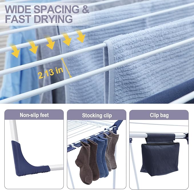 APEXCHASER Clothes Drying Rack Foldable, Drying Rack Clothing Large Space, Winged Laundry Rack with Sock Clips for Hanging Towels Clothes Dress Bedding Indoor Outdoor, White