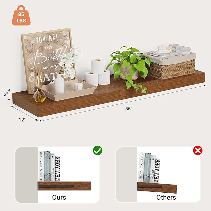 Heimlove 12 Inch Deep Floating Shelves, 55 x 12 inches Long Wall Shelf, Large Extra Display Shelf & Storage Shelf, Rustic Wood Wall Shelves for Fireplace Mantel, Set of 1(Walnut)