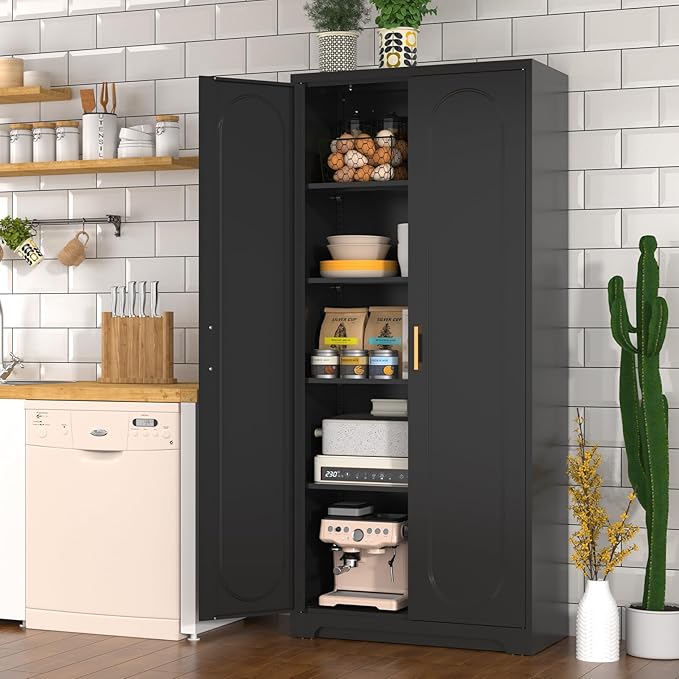 71" Tall Kitchen Pantry Cabinet, Pantry Storage Cabinet with Doors and Shelves, Metal Food Pantry Cabinets with Handles, Black Freestanding Cupboard for Living&Dining Room-Assemble Required