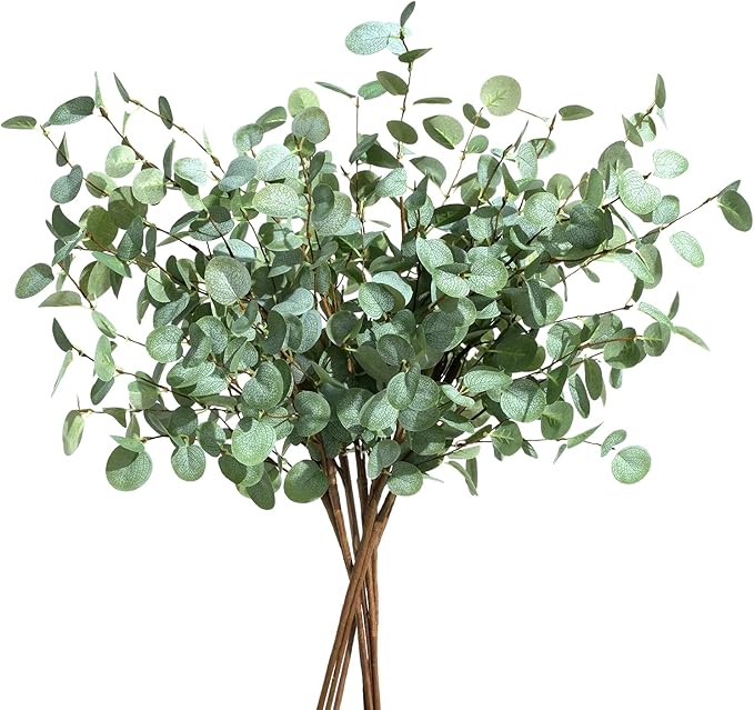 8Pcs Faux Eucalyptus Stems, 27" Artificial Eucalyptus Plants with White Frosted Coating, Fake Eucalyptus Decor Silk Greenery Leaves for Wedding Bouquets Home Decor DIY Floral Arrangements