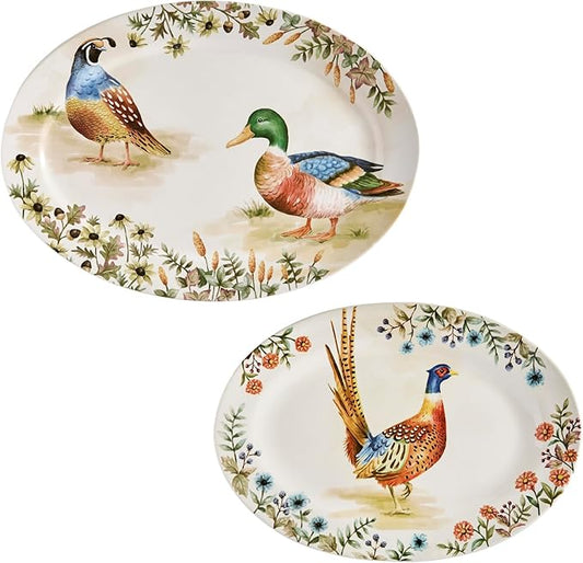 Bico Autumn Birds 16 plus 14 inch Oval Platters Set, Set of 2, Microwave and Dishwasher Safe, for Serving Fish, Chicken, Turkey