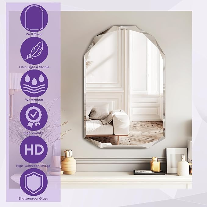 Bathroom Mirror for Wall, 20" x 30" Arched Mirror, Bathroom Vanity Mirrors, Beveled Edge Frameless Wall Mount Vanity Mirror, Wall Mirror Decorative, Irregular Beveled Edge Mirror