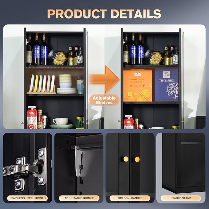 5 Tier Metal Curio Cabinets, 71" Tall Modern Bookshelf Cabinet with 4 Adjustable Shelves, Cabinet Display Case for Home Office, Living Room, Pantry, Assemble Required, Black