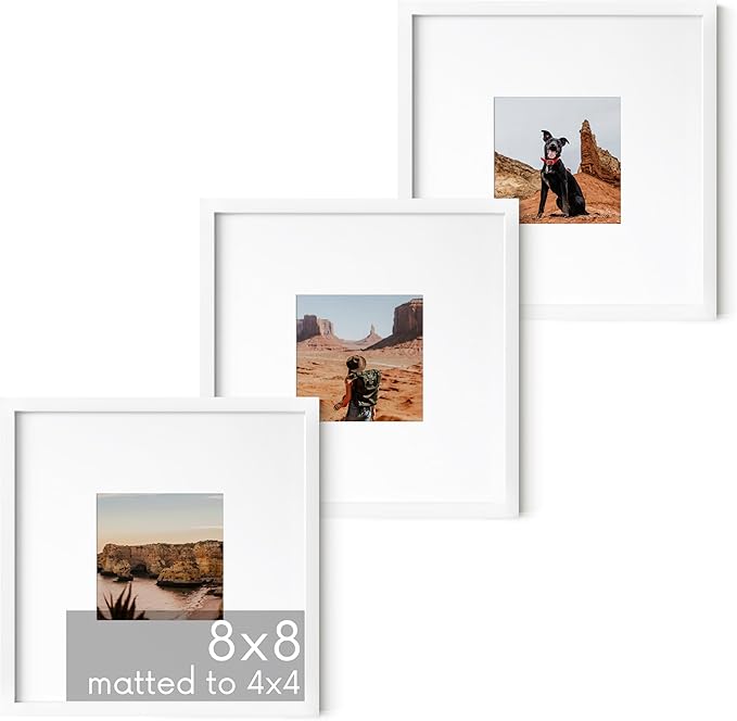 HAUS AND HUES 8x8 White Metal Picture Frames Matted to 4x4 - Features Premium Aluminum, Shatterproof Plexiglass - Ideal for Home, Room, Office (8x8 in, White, Set of 3)