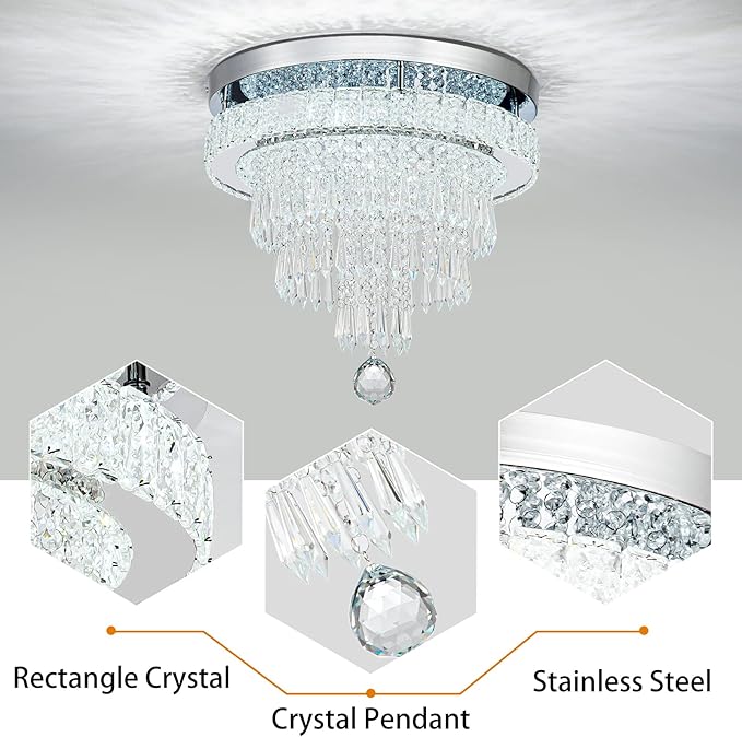 16“ Crystal Chandeliers Light Flush Mount Ceiling Light Fixtures Round Modern LED Chandelier for Living Room Bedroom Dining Room Closet Hallway (Cool White)
