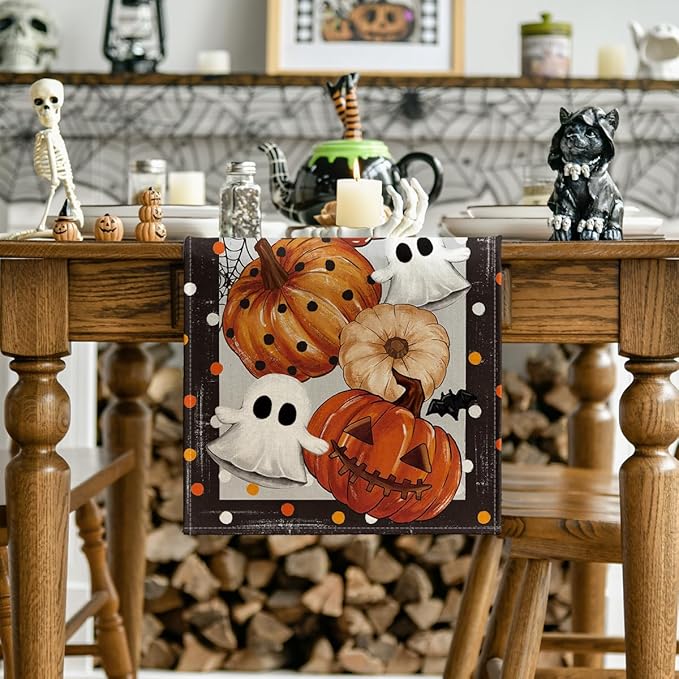 Artoid Mode Jack-O'-Lantern Pumpkin Ghost Spider Web Halloween Table Runner,Holiday Kitchen Dining Table Decoration for Home Party Decor 13 x 36 Inch