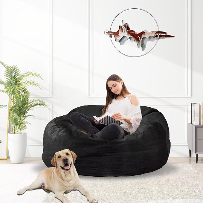 Bean Bag Chair for Adults 3FT,Soft Removable Cover for Teens/Girls Bedroom,Fluffy Giant Round Floor Beanbag Lounger Chairs (No Filler,Black)